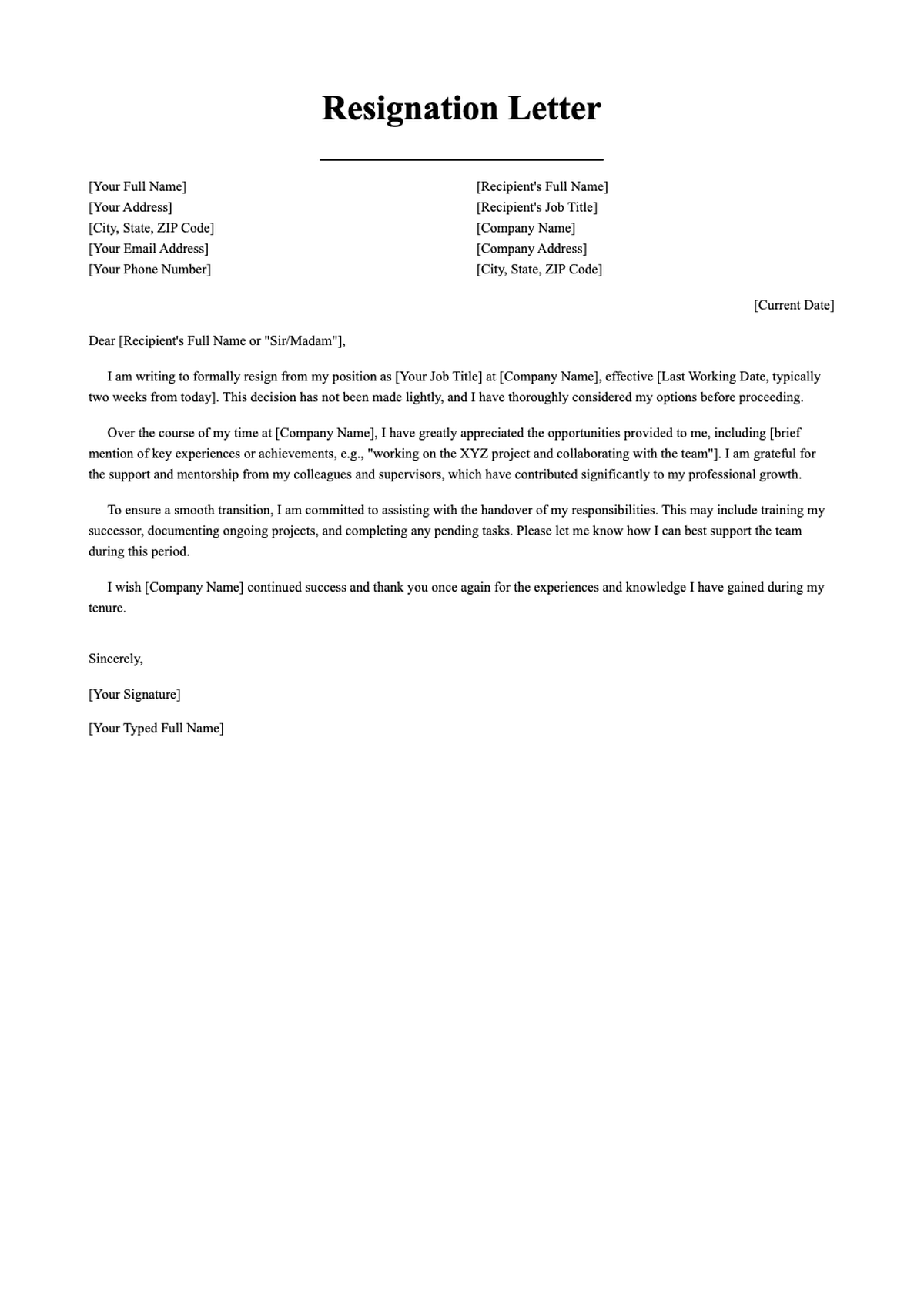 Formal resignation letter template with placeholder fields_variant_1